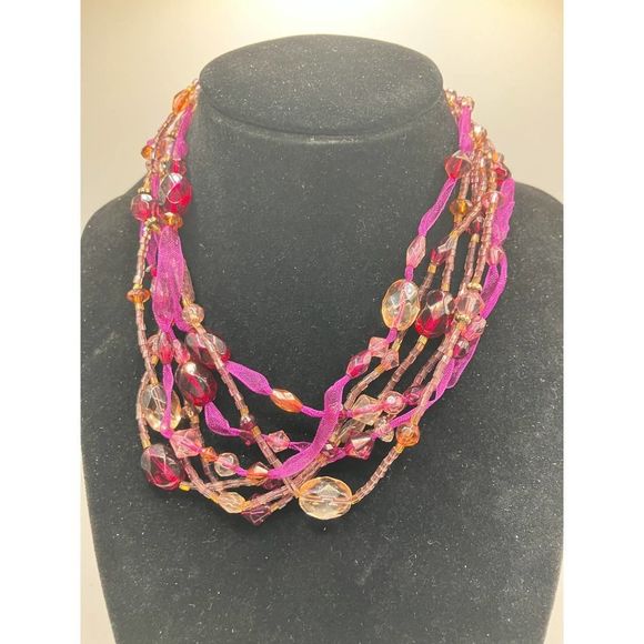 NWT! Monet Adjustable Purple and Pink Beaded Ribbon Boho 16 1/2 inch Necklace! - Picture 3 of 6